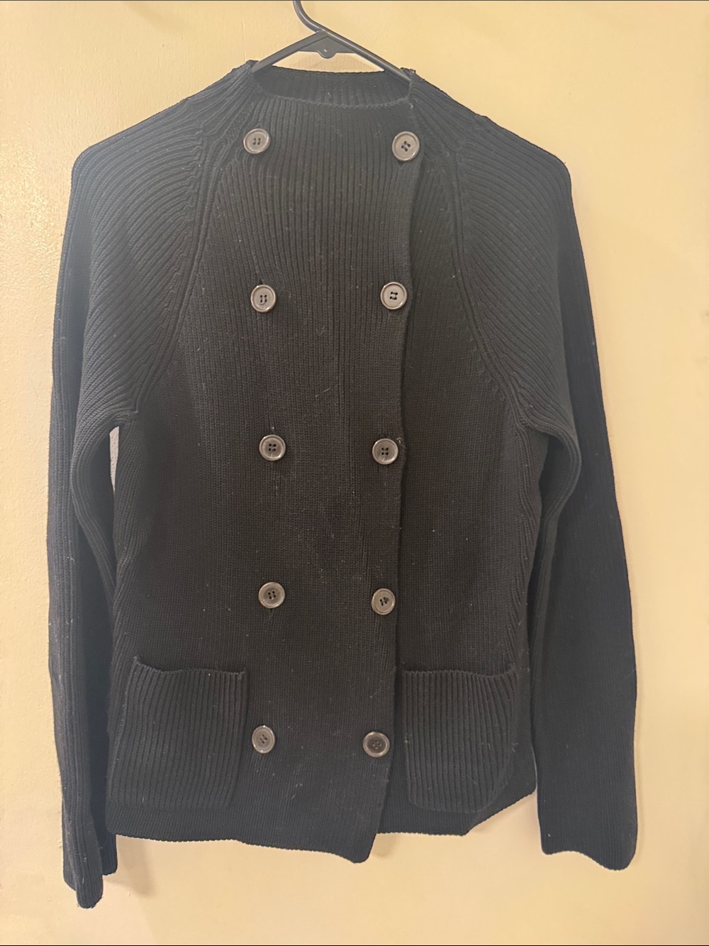 Black Double-Breasted Ribbed Merino Wool Women's Cardigan